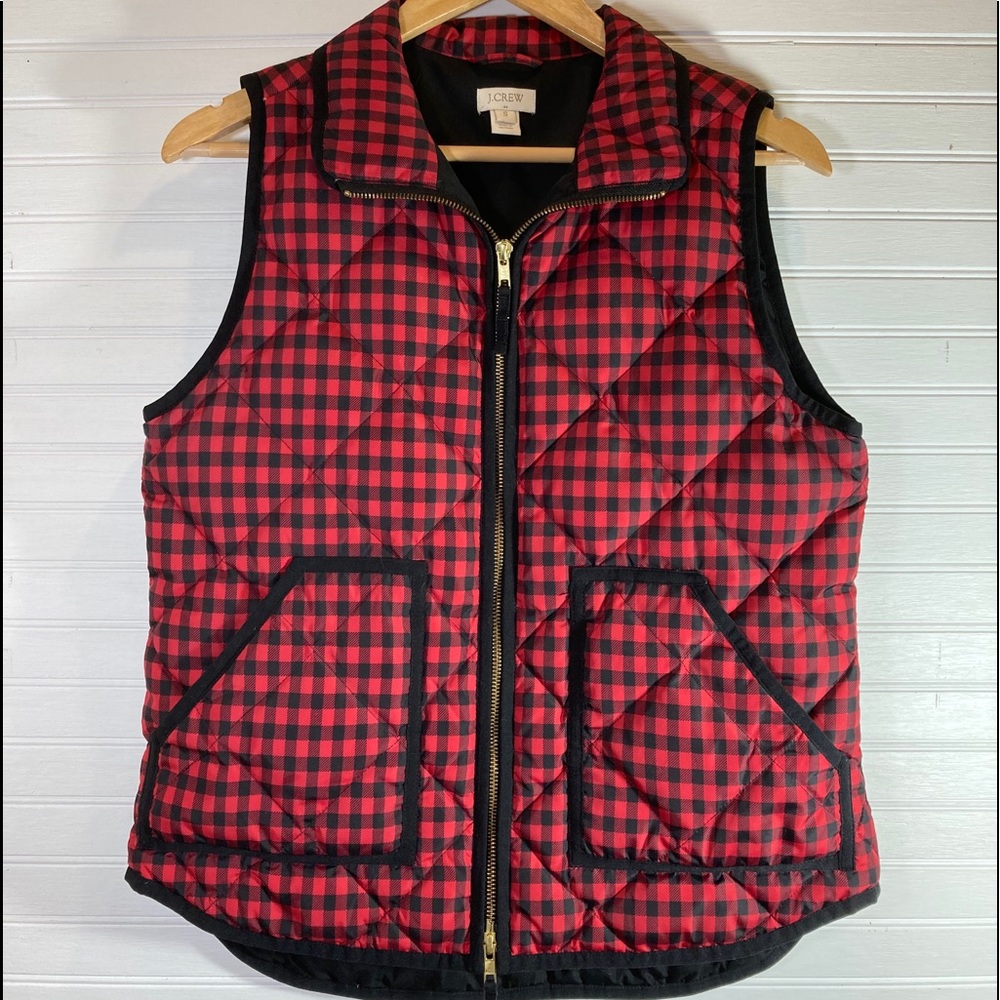 J. Crew Down Puffer Vest Red/Black Plaid Women’s Size S